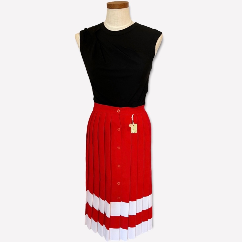 NWT Vintage Red Pleated White Stripes Maxi Long Dress Buttons Down Front
